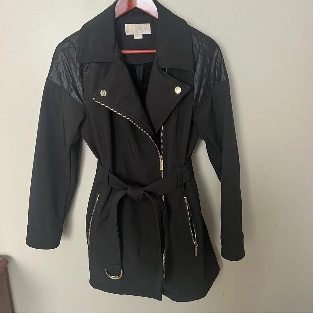 MICHAEL Michael Kors Black lined winter Trench Coat with Gold Accents - Picture 1 of 12